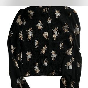 New Juniors Black Floral Smocked Long Sleeve Top